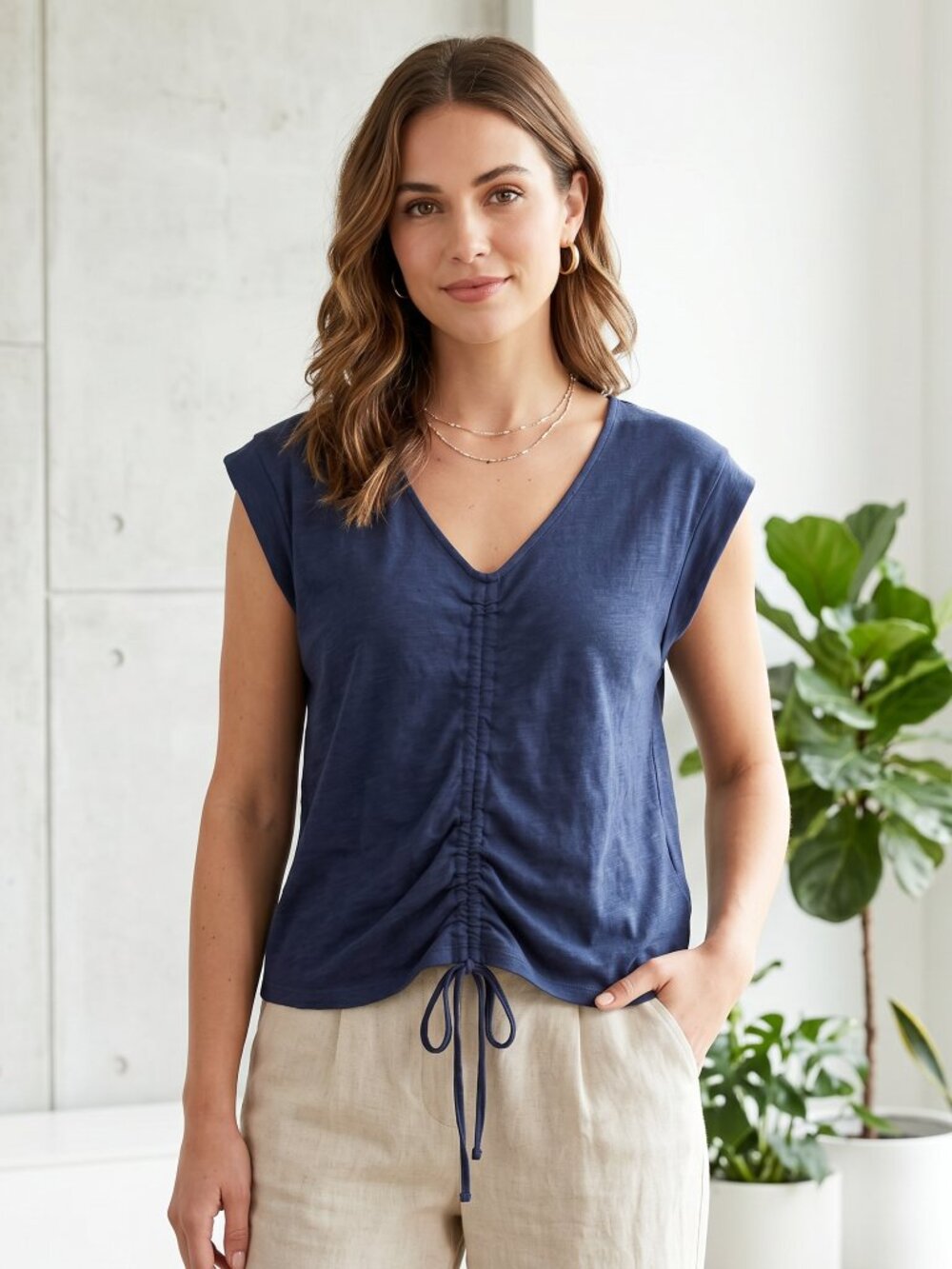NWT‎ Tribal Navy Blue V-Neck Ruched Drawstring Top L Coastal Athleisure Casual